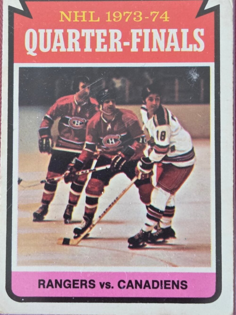 RARE, VINTAGE, 1974 OPEE CHEE, RANGERS VS. CANADIENS QUARTER FINALS CARD!!!